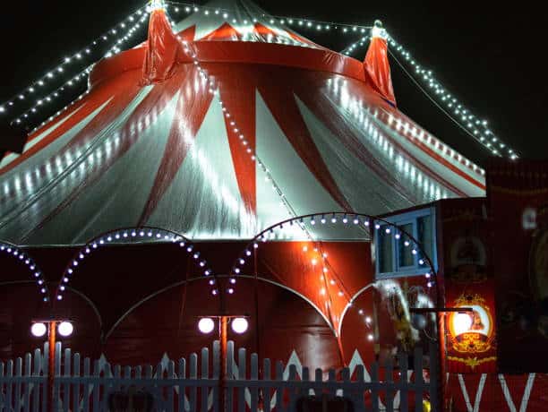 The circus decorated with garlands of light bulbs